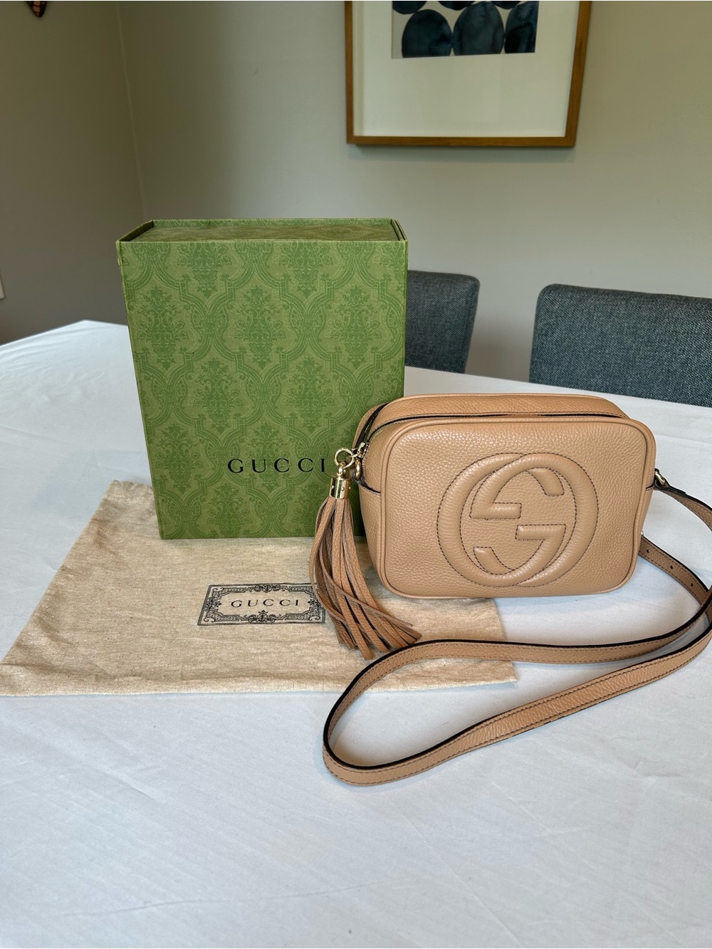Gucci Beige Pebbled Leather Disco Crossbody with Tassel - Picture 2 of 11